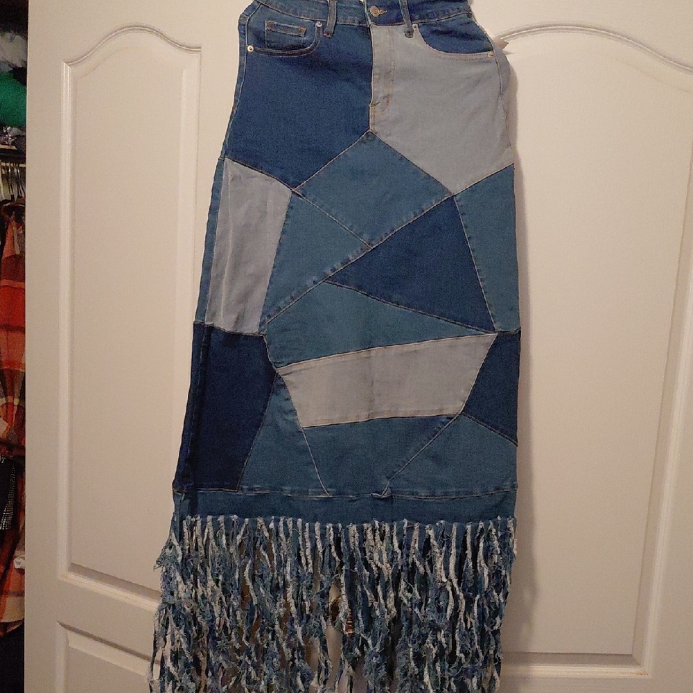 AKIRA Blue Patchwork Maxi Skirt with Fringe
